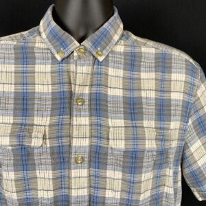 Tommy Bahama Shirt Mediium Blue Plaid 100% Silk Short Sleeve Button Up